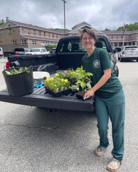 Volunteers bring starts into the prison garden.