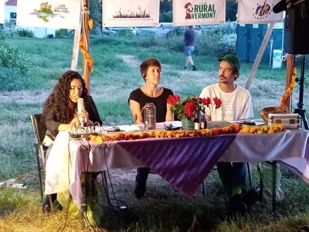 Monika (UNORCA- MX), Ayla (CFU- CA), and Jesus (Organizacion Boricua-PR) kick off the Agroecology School at the Grassroots Center