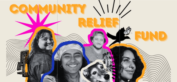 Image of four Brown and Afro-Indigenous people surrounded by orange and pink starburst graphic design and text that reads, "Community Relief Fund"