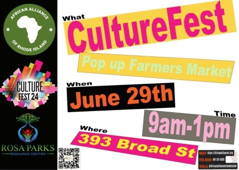 Flyer for Culture Fest on June 29th from 9a.m. - 1 p.m. at 393 Broad Street, with sponsors African Alliance, Culture Fest RI and Rosa Parks Resource Center listed on the left