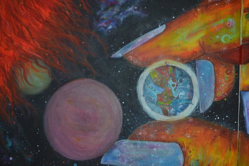 Within the grain Surreal artwork of a hand holding a glowing cosmic orb, representing creativity and the imaginative roots of the SeedLife project.