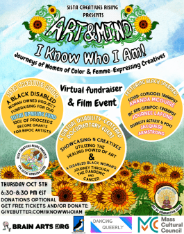 The Art & Mind 2023 poster is a digitally drawn sunflower field. The sunflowers fade into the background, leading to green and grey mountains with an abstract curly pattern at their bases. The mountains are rounded at the top, and fade into a whitish green. The sky is blue with white paint splotches and swirls as clouds. Three mustard yellow circles are lined up in the middle of the poster stating details about “Art & Mind: I Know Who I Am! Journeys of Women of Color & Femme-Expressing Creatives.”