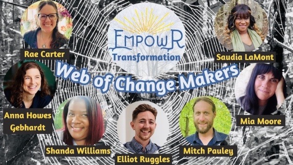 The Faces and names of the EmpowR Transformation Web of Change Makers over a spider web