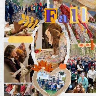  A collage of participants at various programs: one image shows people lined up on either side of a dirt trail with one person standing in the middle, one image shows a person crushing dried flowers into fabric, one image shows a mass of people outside looking up into a camera, one image shows a group of people holding pumpkins of different sizes and shapes in front of a wagon, one image shows a line of dyed fabrics drying on a clothesline.