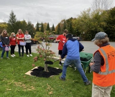 A teenager is shoveling compost around a freshly planted tree while other teenagers, an adult teacher, and a person wearing an orange safety vest labeled "HCC" on the back are watching