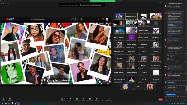 Screengrab of a Zoom event which includes a still from a featured documentary, which includes photos of diverse faces of creatives. Zoom participants are shown to the right, with an active chat.
