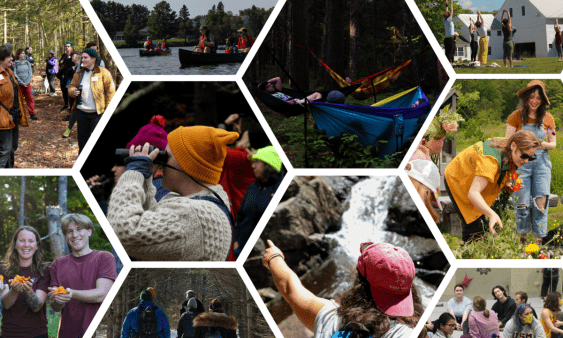 Hexagonal shapes filled with different images including a person birding, a person pointing toward a waterfall, a person selecting flowers from flower-filled buckets on the group, three hammocks hanged across a line of trees, a group of people socializing on a trail, three people holding handfuls of orange mushrooms, a group of people doing yoga outside, a circle of people at a rock gym, and a few bundled up people walking down a snowy trail.  