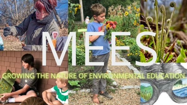 A collage of photos showing adults and children engaging in outdoor activities like gardening, water quality monitoring, and play