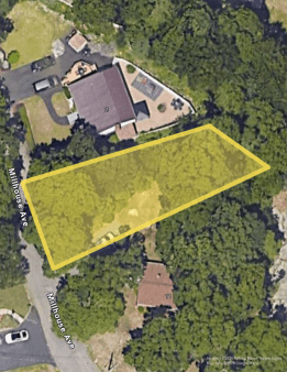 Skyview of MUC land in Randolph, MA, plot outlined. sky view photo of MUC land in Randolph, MA, with the rectangular plot outlined and highlighted.