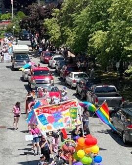 Overhead picture of many people walking in a parade, carrying balloons, flags and a banner that reads "20 Years of Food AND Medicine"