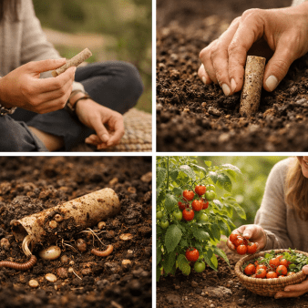 SeedLife Planting and Regeneration Cycle Four‑panel image showing planting, decomposition, sprouting, and harvesting using a biodegradable SeedLife tube.