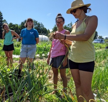 four AFAB people, one mixed-race Latina and three white, two Non-Binary, stand at the edge of a patch of garlic. The person at the far left holds the first bulb of the harvest.