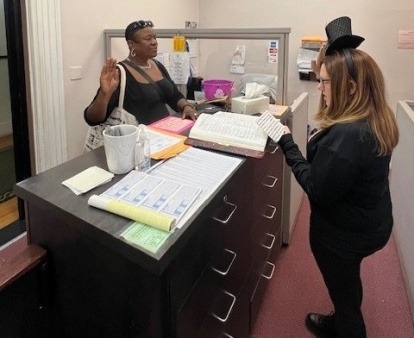 SFPC member Celia Grant being sworn in on Halloween in Salem