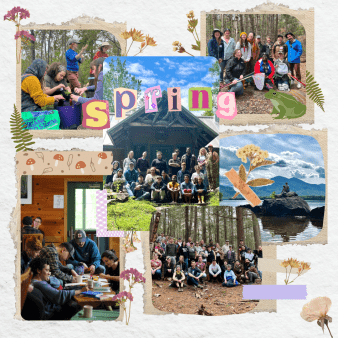 A collage of participants at various programs: one image shows people planting seeds into pots, one image shows a group of people sitting in front of a cabin, one image shows a group of people sitting around a table figure drawing, one image shows a large group of people standing and sitting on a wide dirt trail surrounded by trees, one image shows a topless person reading a book on top of a large boulder with mountain landscapes behind them, and one image shows a small group of people holding lake nets. 