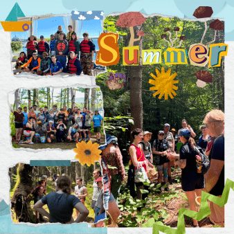 A collage of participants at various programs: one image shows a group of people in life jackets near a boat launch, one image shows a group of people posing flamboyantly in the woods, one image shows three people investigating the roots of an uprooted tree on its side, and one image shows a group of people outside with baskets looking at mushrooms.