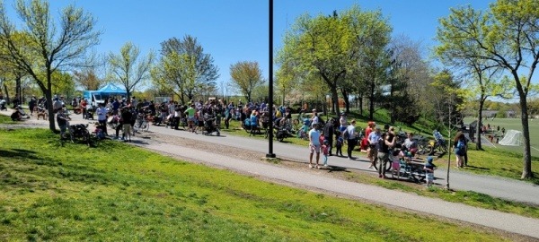A large crowd of people in a park surrounding a set of cargo bikes.