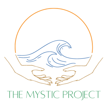 The logo: bronze cupped hands holding a blue wave with a arcing sun backdrop