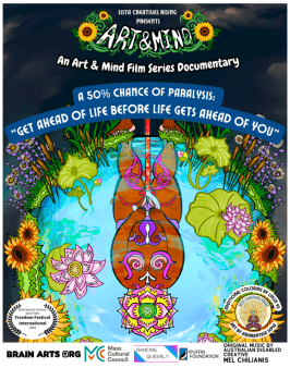 Freedom Festival Semi-Finalist. SISTA CREATIVES RISING PRESENTS Art & Mind An "I Know Who I Am" Virtual Fundraiser & Film Event Documentary About Cancer A 50% CHANCE OF PARALYSIS: Get Ahead of Life Before Life Gets Ahead of You! Art by Amaranthia Sepia. Additional coloring by Linlin Yu. A nude voluptuous brown woman holding a red cane with a white handle in front of her, stands at the edge of a clear pond shaped like Earth.