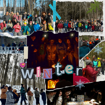 A collage of participants at various programs: one image shows a small group of people surrounding a fire pit holding smores sticks, one image shows a group of people in the woods holding binoculars,  two images show large groups of people gathered facing the camera in the snow, one image shows a program leader educating an engaged group of participants, and one image shows a small group of people in the dark putting a puzzle together using the light of their headlamps.