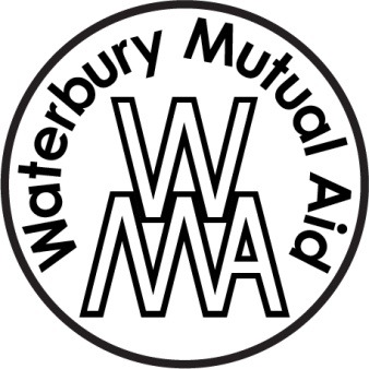 circular logo with the words Waterbury Mutual Aid surrounding a large capital W interlocking with an elided capital M and capital A